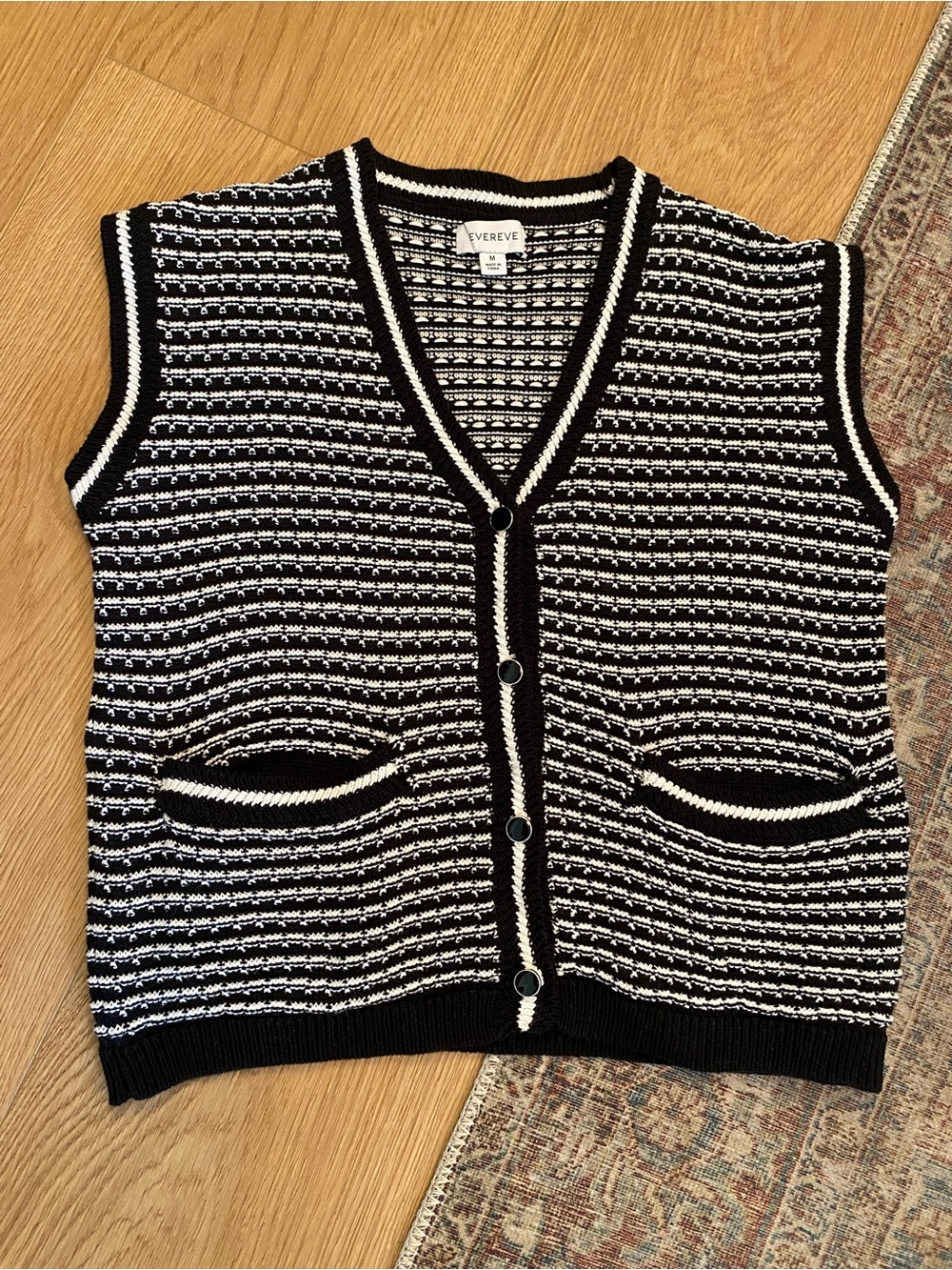 Evereve Black & White Open Knit Sweater Vest Medium Cotton Modal Button Front - Picture 2 of 9